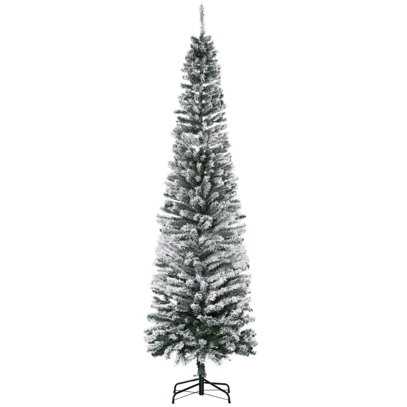 HOMCOM 7.5ft Flocked Christmas Tree, Pencil Artificial Xmas Tree with Faux Snow, Dense Branches, Foldable Metal Base for Indoor Holiday Decor