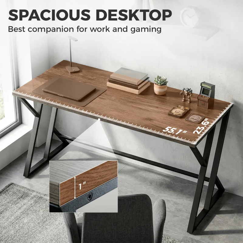 HOMCOM 55 Inch Computer Desk, Industrial Writing Desk with Z-Shaped Metal Leg, Study Table for Home Office, Distressed Gray