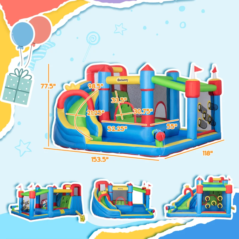 Outsunny 6-in-1 Inflatable Water Slide with Splash Pool, Slide, Climbing Wall, Water Cannon, Inflatable Bounce House for Kids with 2 Min. Inflation