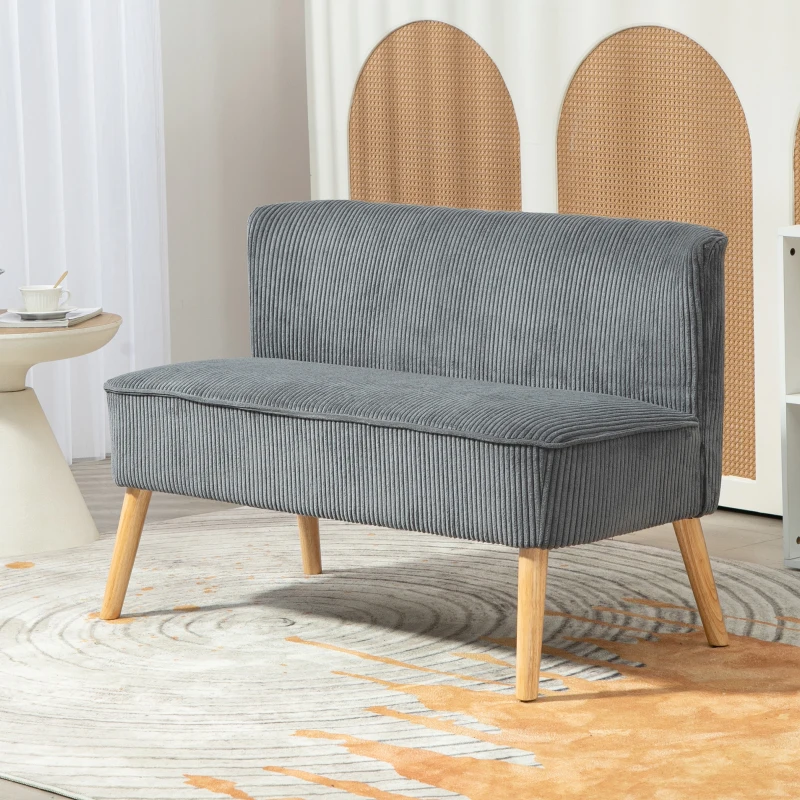 HOMCOM Modern 2 Seater Sofa, Upholstered Two Seater Couch with Rubber Wood Legs, Grey
