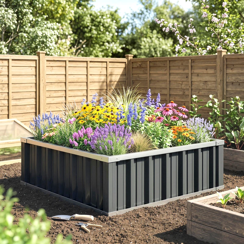 Outsunny 3' x 3' x 1' Raised Garden Bed, Galvanized Metal Planter Box for Vegetables Flowers Herbs, Dark Gray