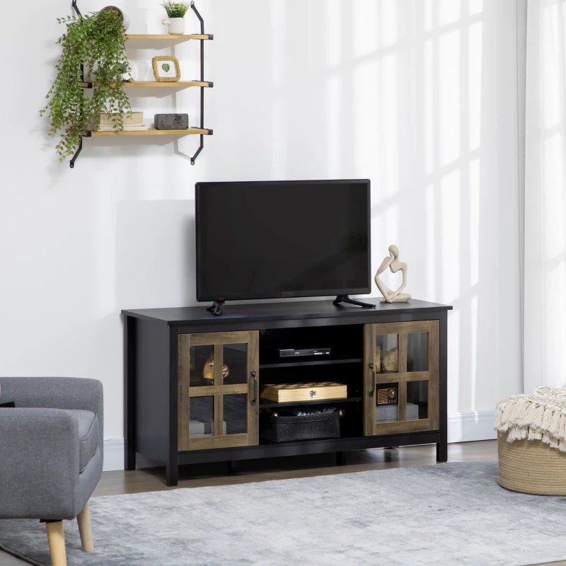 HOMCOM TV Cabinet, Farmhouse TV Stand for 55 Inch TV, Entertainment Center with Adjustable Shelves and Doors for Living Room, Black