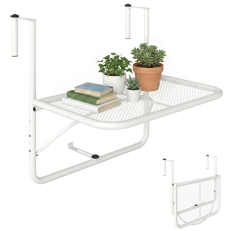 Outsunny Adjustable Balcony Hanging Railing Table, Metal Mounting Mini Wall Desk Storage Rack, Outdoor Flower Stand Serving Table Rectangle, White