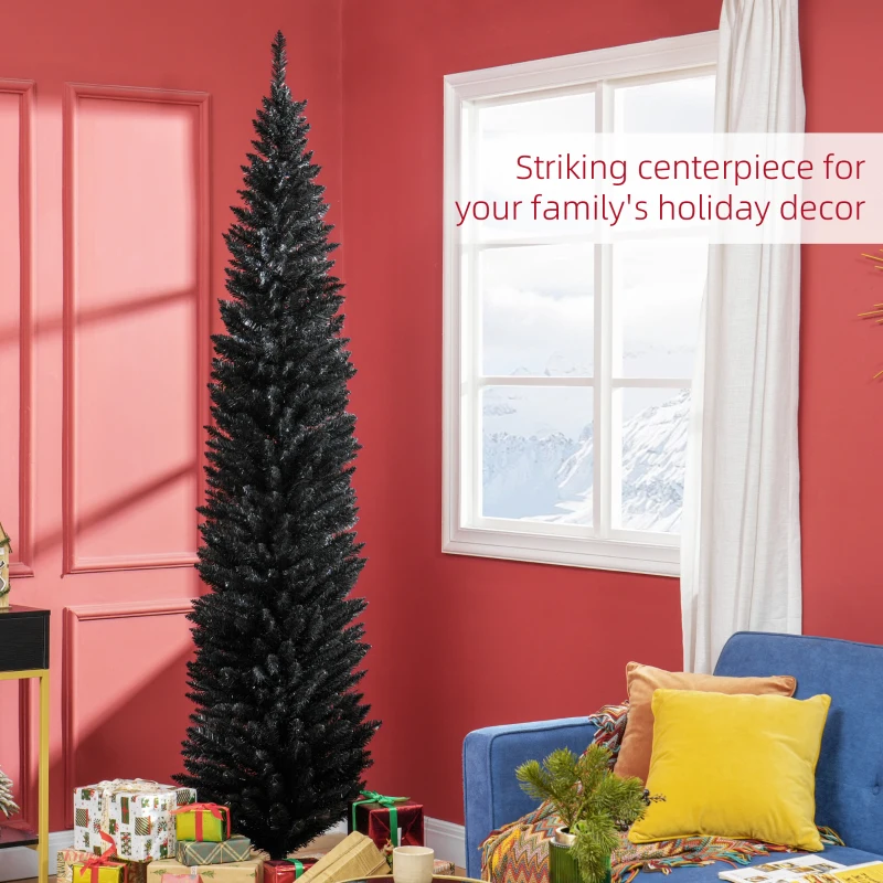 HOMCOM 8ft Unlit Pencil Artificial Christmas Tree with Realistic Branches and 618 Tips, Plastic Base, Black