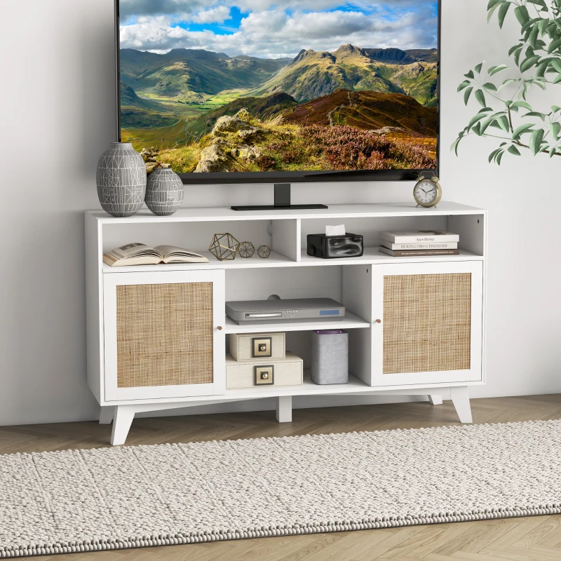 HOMCOM TV Stand Cabinet for 65-Inch, TV Table with 2 Rattan Doors, Television Stand with Adjustable Shelves, 4 Open Shelves