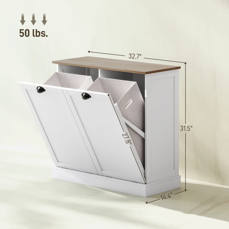 HOMCOM Dual Tilt out Laundry Hamper Cabinet with 2 Removable Basket, Modern Bathroom Storage Cabinet with Shaker Doors and Handles, White