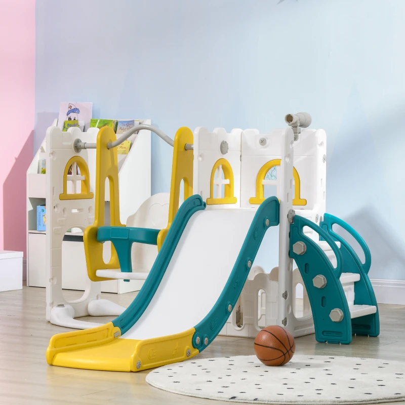 Qaba 6 in 1 Toddler Slide and Swing Set Indoor for Age 1-3 Years w/ Basketball Hoop, Climber, Storage Telescope, Yellow