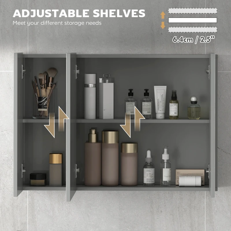 kleankin 35" x 24" Wall Mounted Bathroom Cabinet with Mirror, Bathroom Medicine Cabinet with 3 Doors Adjustable Shelves, Grey