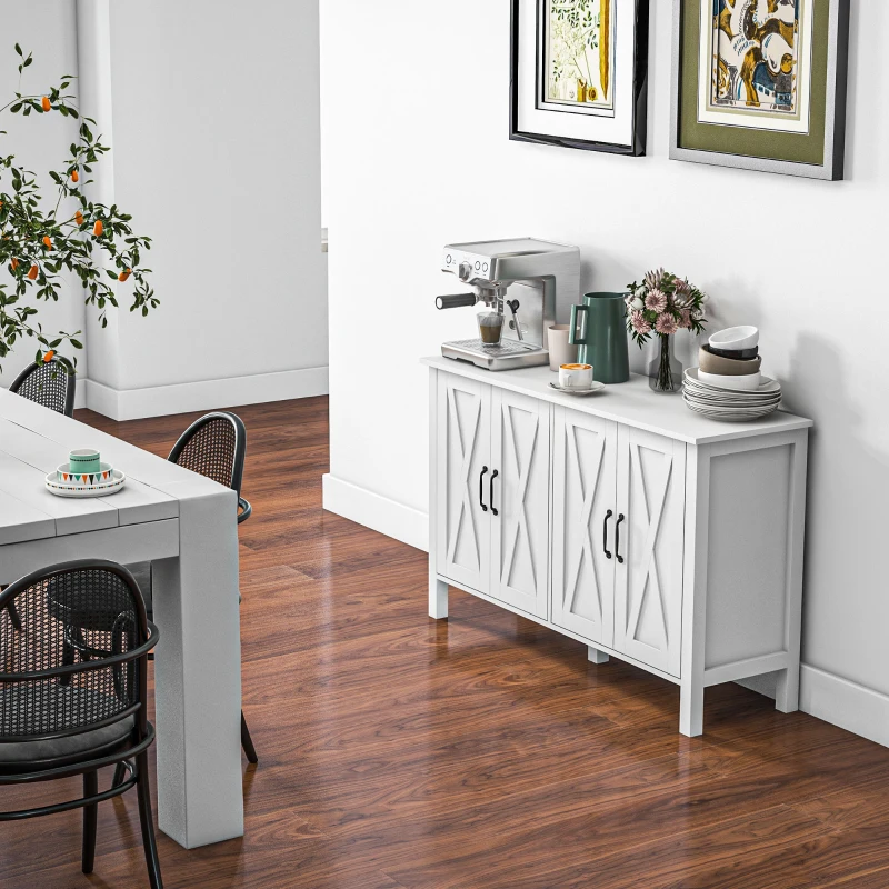 HOMCOM Sideboard Buffet with 4 Barn Doors and 2 Adjustable Shelves, Kitchen Buffet Cabinet for Living Room, Hallway, White
