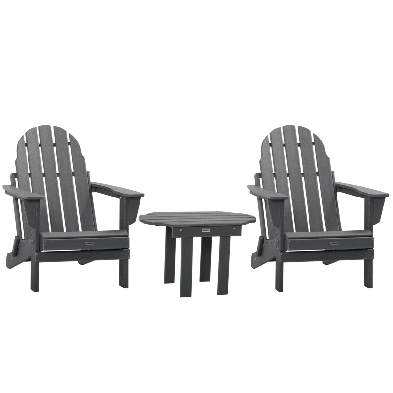 Outsunny 3 Piece Adirondack Chair Set of 2, HDPE Folding Fire Pit Chairs and Patio Side Table, Outdoor Furniture with Slatted Seat, High Backrest, Armrests, Dark Gray