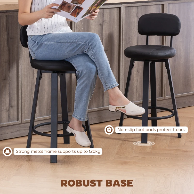 HOMCOM Bar Stools Set of 2, Upholstered Breakfast Bar Chairs with Footrest and Backrest for Kitchen Counter, Black