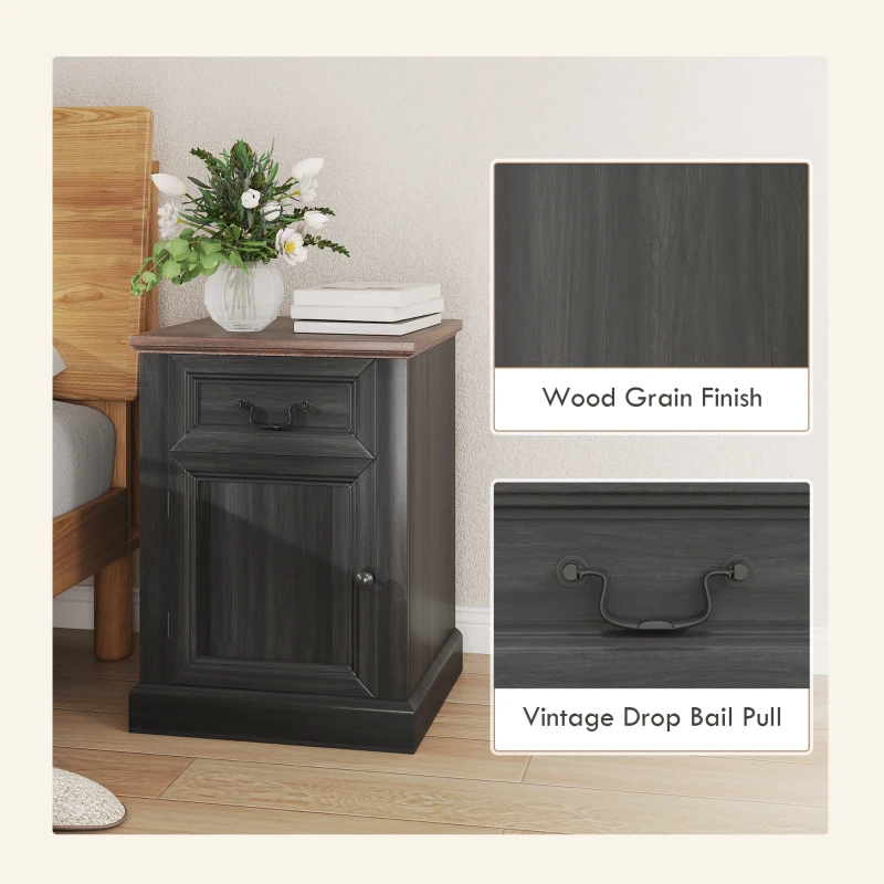 HOMCOM Side Table Set of 2, End Tables with Drawer and Cabinet, Nightstands for Small Spaces, Living Room, Black