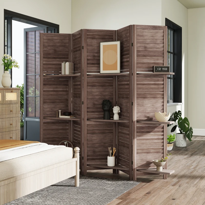 HOMCOM 5 Panel 67" Tall Wood Privacy Screen Room Divider with 3 Shelves and Folding Storage for Bedroom, Walnut