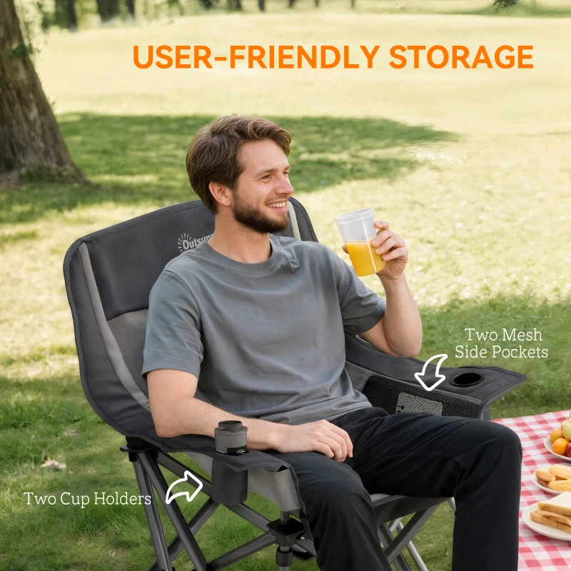 Outsunny Camping Chair for Adults, Portable Folding Camping Chair with Side Pockets, Cup Holders, Carry Bag, Black and Gray