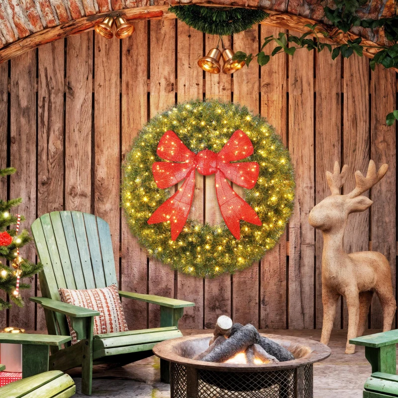 HOMCOM 36in Pre-Lit Christmas Wreath with 3D Red Bow, 11 Lighting Modes, Front Door Christmas Wreath with Remote