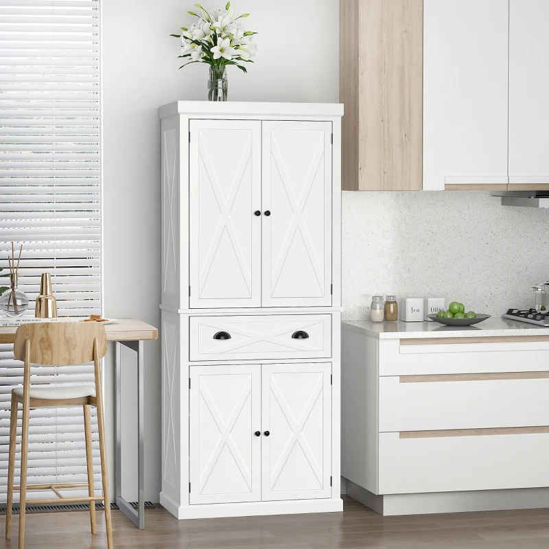 HOMCOM 72" Kitchen Pantry Storage Cabinet, Traditional Freestanding Pantry Cabinet with 4 Doors and 2 Adjustable Shelves, Large Central Drawer, X-Frame, White