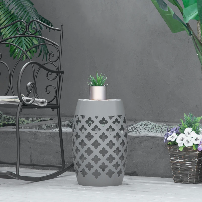 Outsunny Decorative Outdoor Stool, 12" Round Patio Side Table, Mosaic Accent Plant Stand for Garden, Balcony, Gray