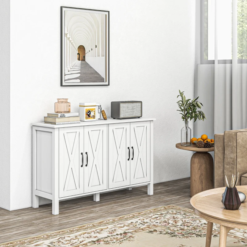 HOMCOM Sideboard Buffet with 4 Barn Doors and 2 Adjustable Shelves, Kitchen Buffet Cabinet for Living Room, Hallway, White