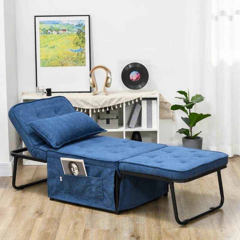 HOMCOM Ottoman Sofa Bed, 4 in 1 Multi-Function Button Tufted Folding Sleeper Chair Bed with Adjustable Backrest, Pillow, Side Pocket for Home Office, Bedroom, Living Room, Blue