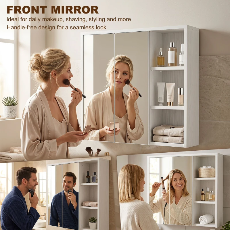 HOMCOM Bathroom Medicine Cabinet with Mirror, Wall Mount Mirror Cabinet with Open Shelves, White Wood Grain