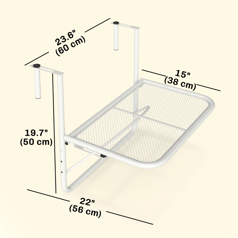 Outsunny Adjustable Balcony Hanging Railing Table, Metal Mounting Mini Wall Desk Storage Rack, Outdoor Flower Stand Serving Table Rectangle, White