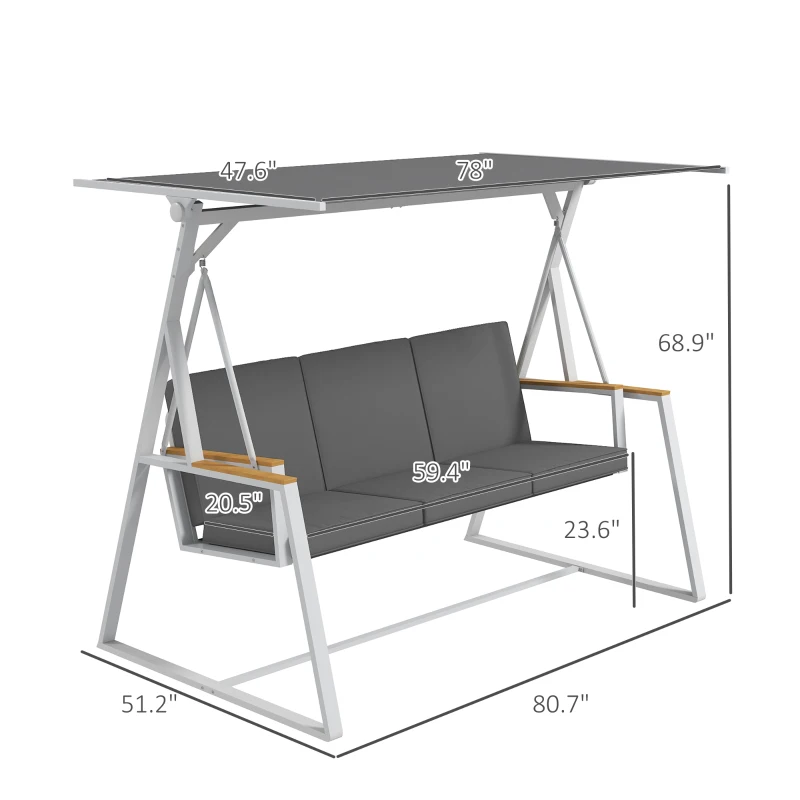 Outsunny 3-Person Patio Swing Chair, Outdoor Porch Swing with Adjustable Canopy & Removable Cushions for Garden, Backyard, Gray
