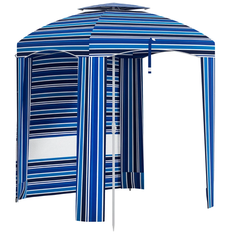 Outsunny 5.8' x 5.8' Cabana Umbrella for Travel, Walls, Vents, Ruffles, Carry Bag, Beach Umbrella, Blue Stripe