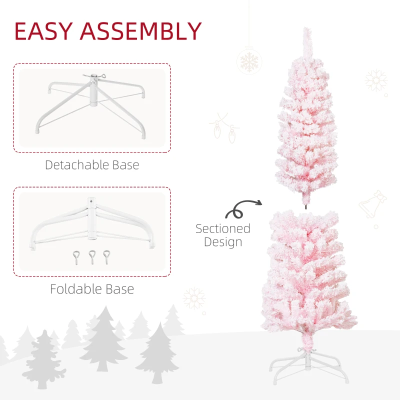 HOMCOM 5ft Flocked Christmas Tree, Pencil Christmas Tree with Realistic Branch Tips, Folding Metal Stand, Pink