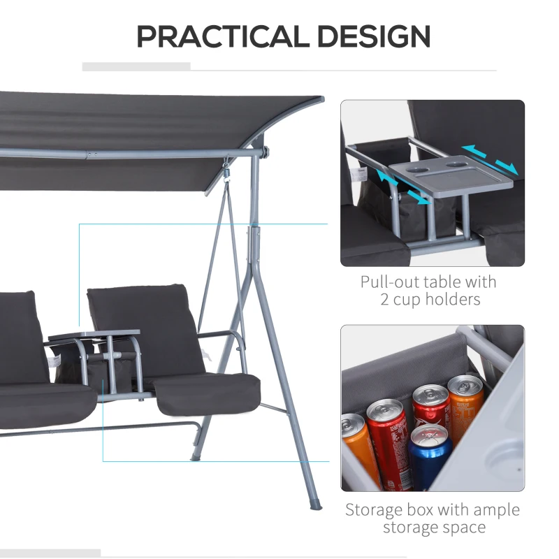 Outsunny 2-Seater Outdoor Porch Swing with Canopy and Table, Patio Swing Chair for Garden, Poolside, Backyard, Gray