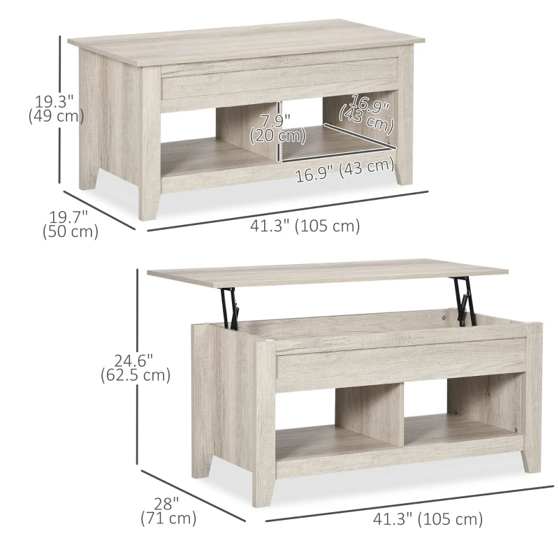 HOMCOM Lift Top Coffee Table with Hidden Storage Compartment and Open Shelves, Lift Tabletop Pop-Up Center Table for Living Room, Oak Effect