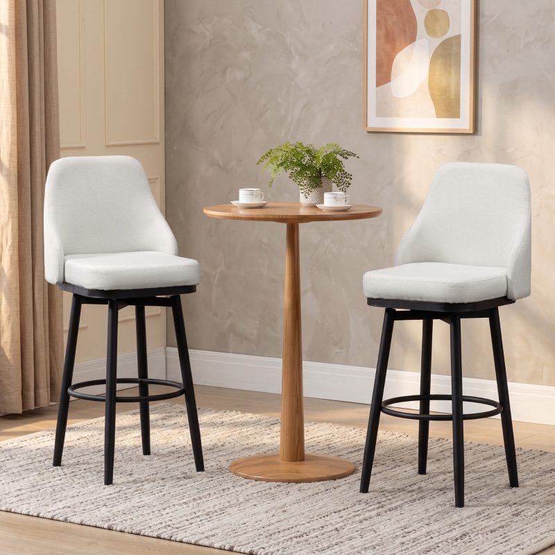 HOMCOM Bar Height Bar Stools Set of 2, Modern 360° Swivel Kitchen Chairs with Steel Legs and Footrest, Cream White