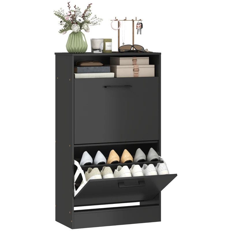 HOMCOM Shoe Cabinet 2 Flip Drawers Adjustable Dividers Shoe Storage Cabinet Top Shelf Entryway Black