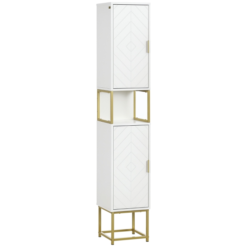 kleankin Tall Bathroom Storage Cabinet, Modern Narrow Bathroom Cabinet with Diamond Chevron Pattern and Adjustable Shelf, White