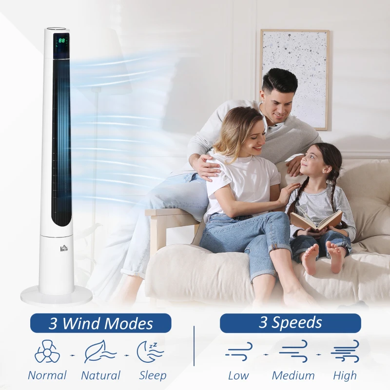 HOMCOM 38 Inch Tower Fan for Bedroom Cooling, 70°Oscillating Fan with 3 Speeds, 12H Timer, and Remote Control, Standing Floor Fan for Home Office, White