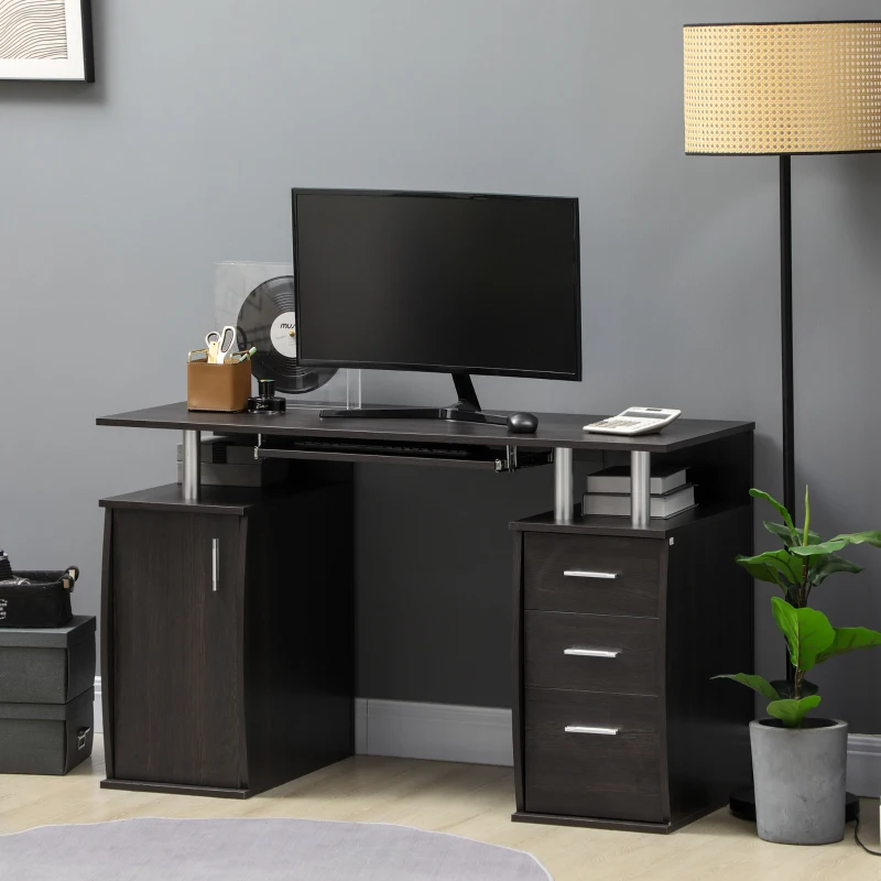 HOMCOM 47" Computer Desk with Keyboard Tray and Storage Drawers, Home Office Workstation Table with Storage Shelves, Dark Brown Wood Grain