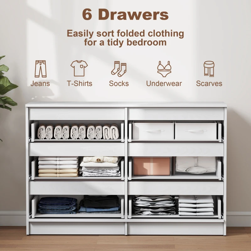 HOMCOM Wide Chest of Drawers, 6 Drawer Dresser for Bedroom, Living Room, Hallway, Modern Clothes Storage Organizer, White