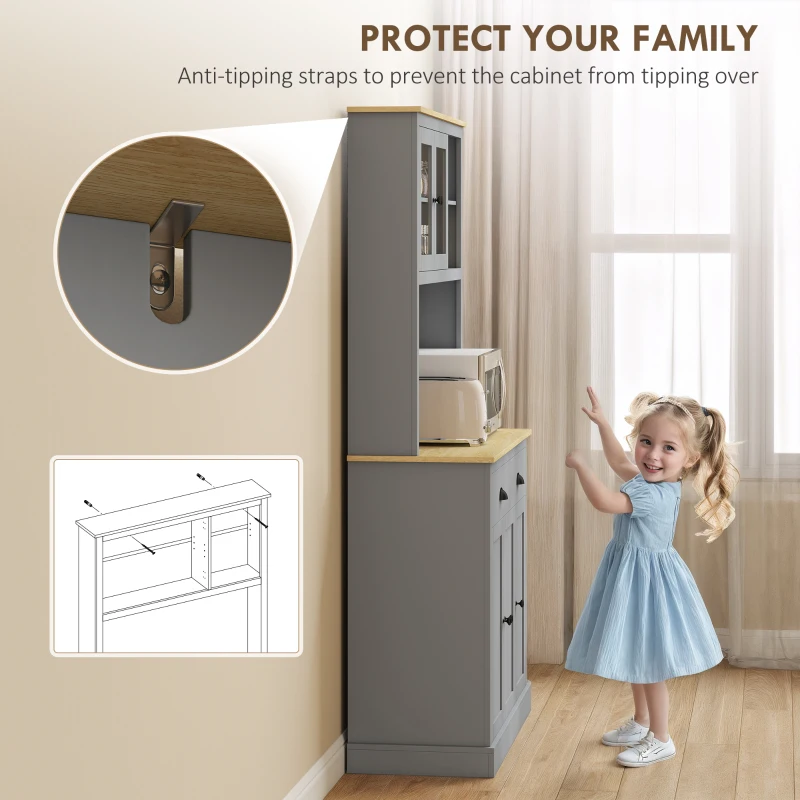 HOMCOM Freestanding Kitchen Cabinet, 71" Tall Pantry Cabinet, Modern Hutch with Wide Countertop, Adjustable Shelves, Gray