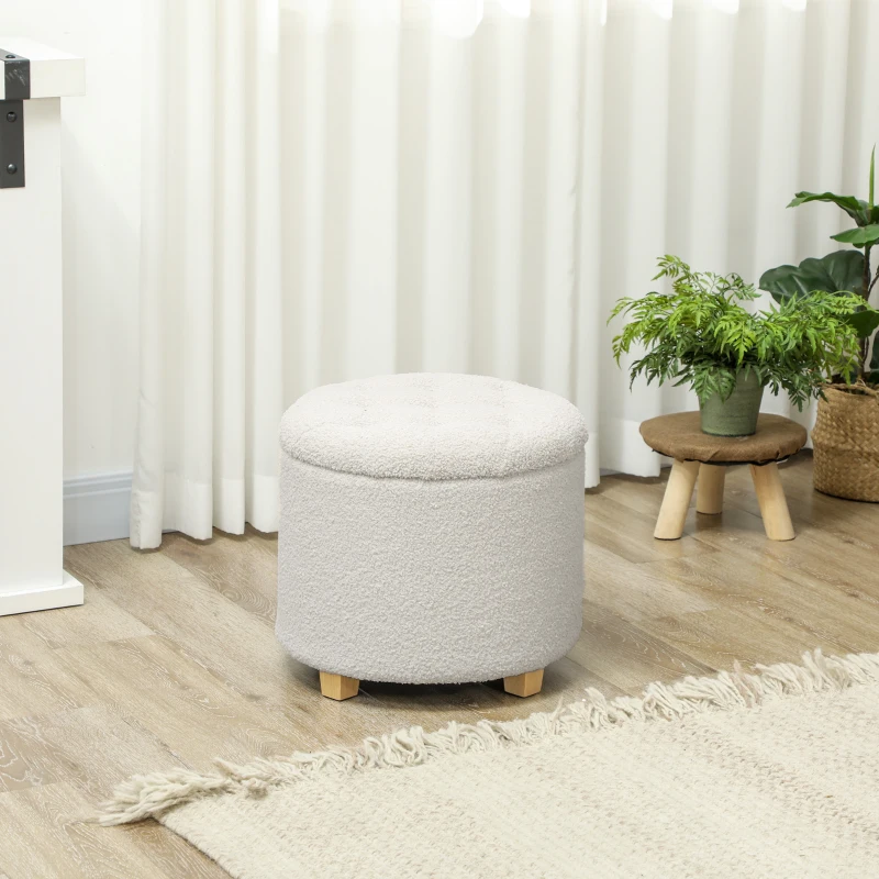 HOMCOM 18" Round Ottoman with Storage, Teddy Fleece Button Tufted Foot Stool with Lid, Wood Legs for Living Room Hallway, White