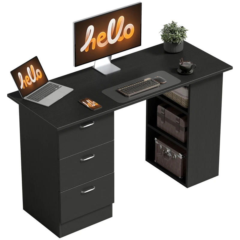 HOMCOM Computer Desk, 47" Writing Table with 3-Tier Shelves and 3 Reversible Drawers for Home Office, Bedroom, Black