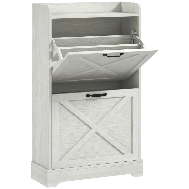 HOMCOM Slim Shoe Storage Cabinet, Farmhouse Shoe Cabinet with 2 Flip Drawers, Adjustable Shelves for 8 Pairs, Distressed White