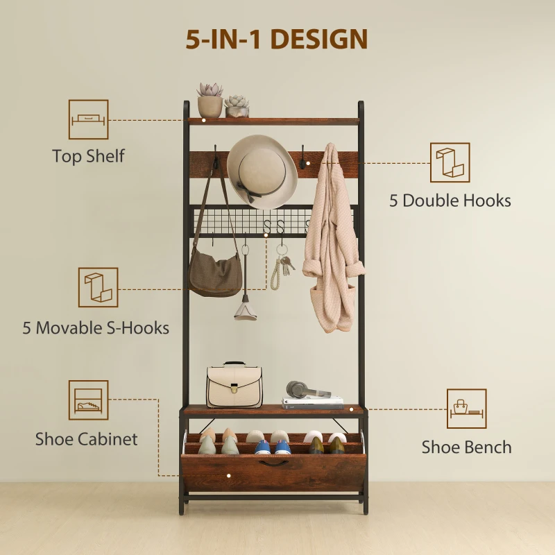 HOMCOM 5-In-1 Coat Rack Shoe Bench, Hall Tree with Bench, Shoe Cabinet, 10 Hooks for Hallway, Mud Room, Rustic Brown