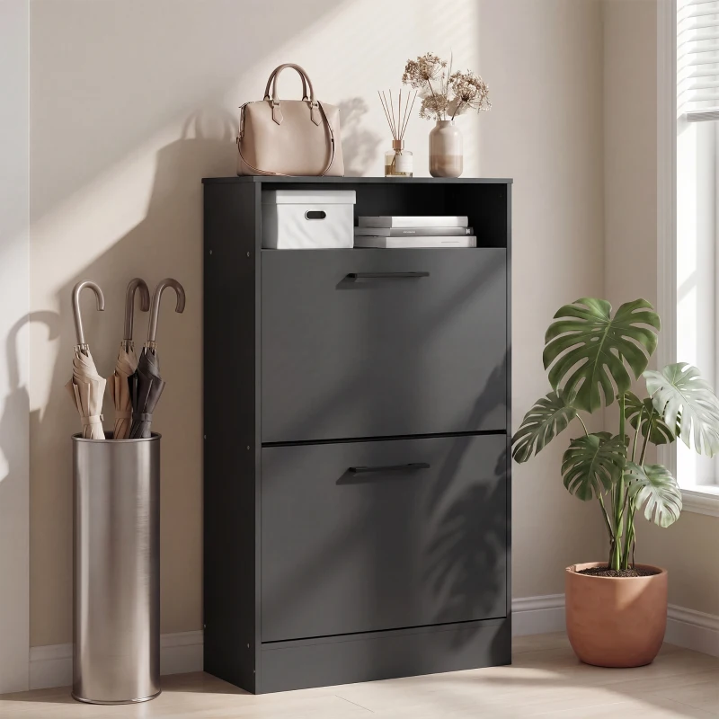 HOMCOM Shoe Cabinet 2 Flip Drawers Adjustable Dividers Shoe Storage Cabinet Top Shelf Entryway Black