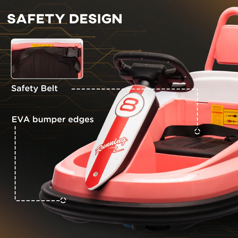 Aosom Kids Bumper Car, 6V 360° Rotation Electric Ride on Car, Twin Motors Battery Powered Toy with Music, Horn and Lights, Safety Belt, for Boys and Girls Aged 18-48 Months - Pink