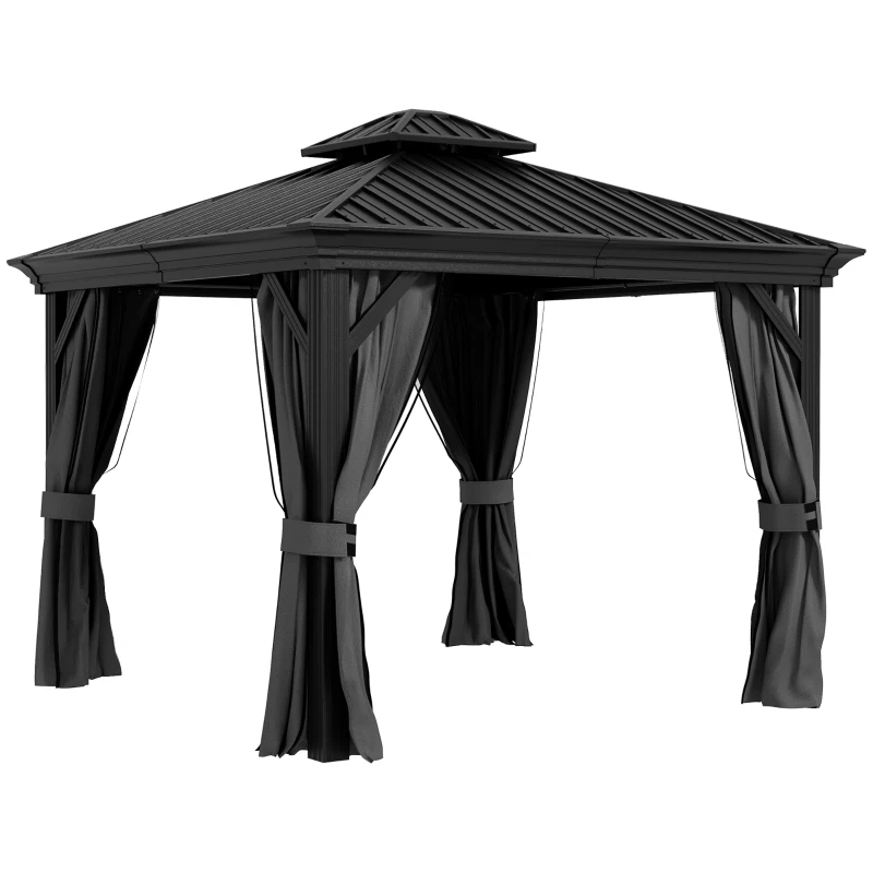 Outsunny 10' x 10' Hardtop Gazebo, Pavilion Gazebo with Curtains, Nettings, Aluminum Frame, Hooks, for Garden, Patio, Light Gray