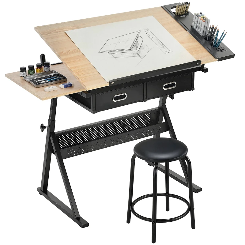 HOMCOM Adjustable Drafting Table, Art Desk Drawing Table Workstation with Stool and Storage Drawers for Painting, Oak