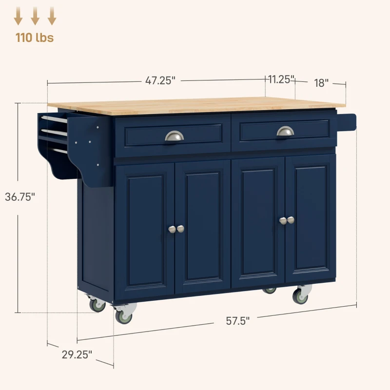 HOMCOM Rolling Kitchen Island Cart with Drop Leaf, Kitchen Cart on Wheels with Wood Top, 2 Drawers and 2 Storage Cabinets, Island Table for Kitchen, Dining Room, Dark Blue