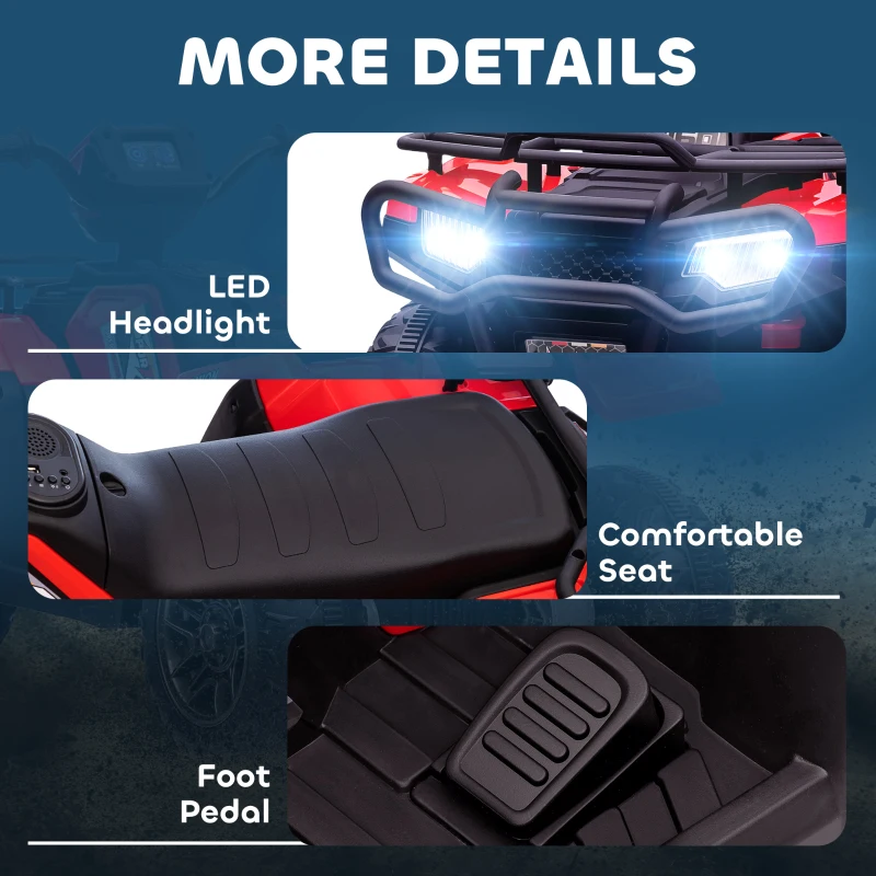 Aosom 12V Kids ATV Quad, 4 Wheeler Battery Powered Electric Vehicle with Music MP3, Headlights, High Low Speed, Treaded Tires, for Boys and Girls Ages 37-60 Months, Red