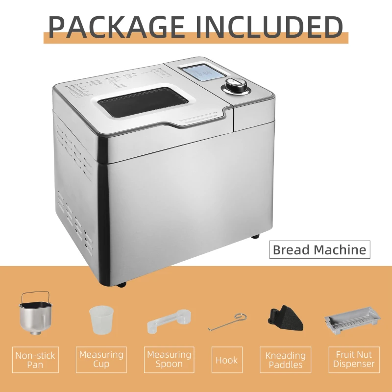 HOMCOM 2LB Bread Maker, Stainless Steel Bread Machine with 25 Programmable Settings, 3 Shade Crust Options, LCD Display, Gluten Free, Silver