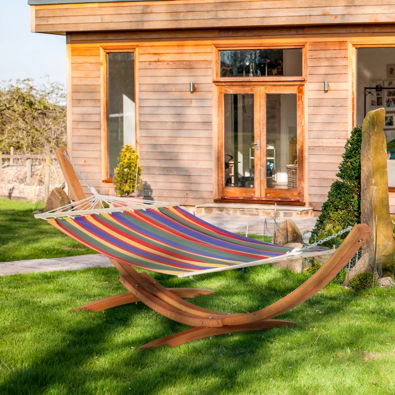 Outsunny Outdoor Hammock with Stand, Extra Large Heavy Duty Wooden Frame, No Tree Needed, 12.8' Indoor Outside Boho Style Nap Bed, Natural Cotton, Rainbow