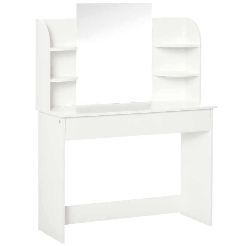 HOMCOM Vanity Desk with Mirror, Makeup Vanity with Open Shelves and Drawer, Dressing Table for Bedroom, White